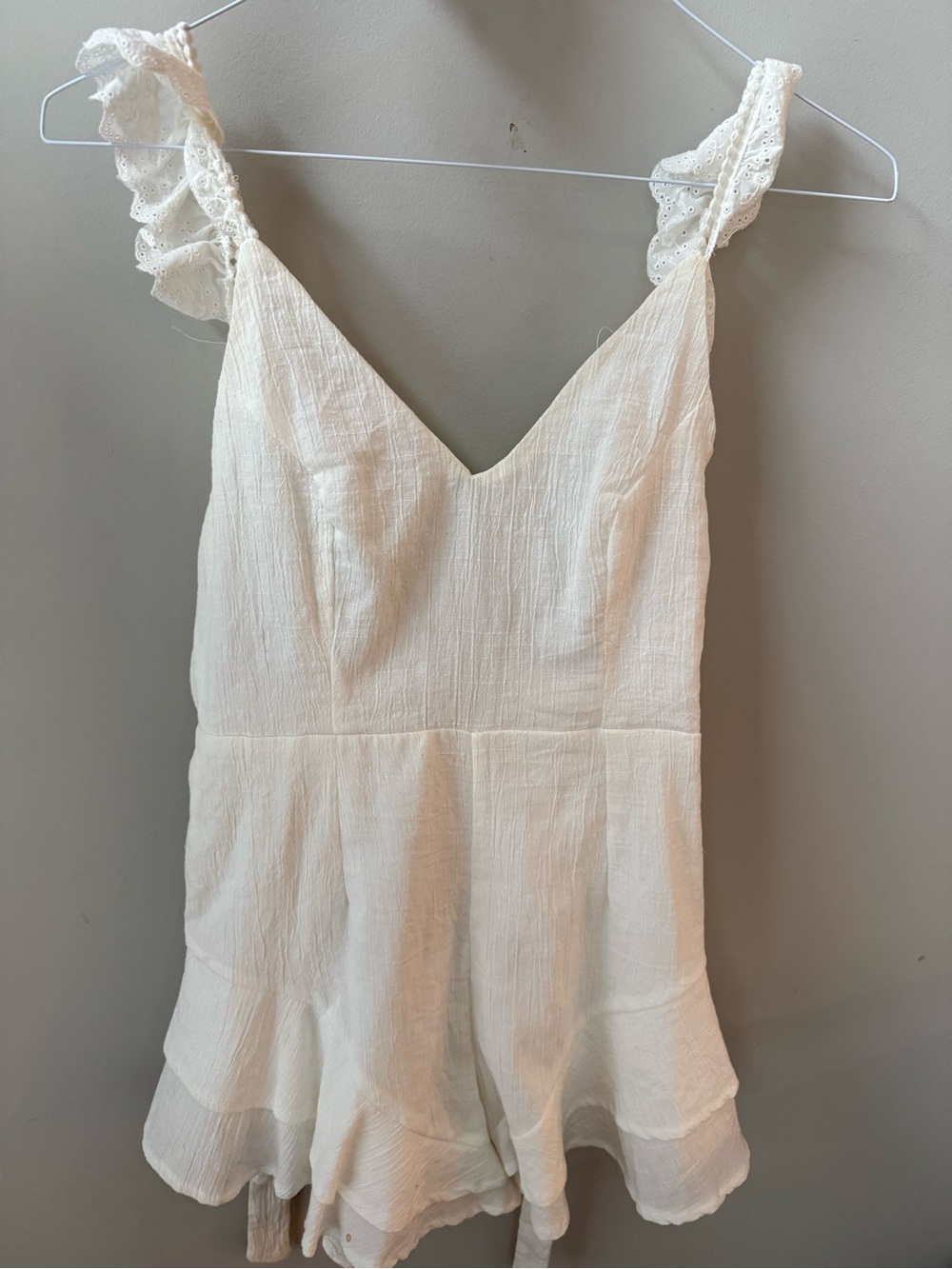 White Eyelet Strap Romper - Feminine V-Neck